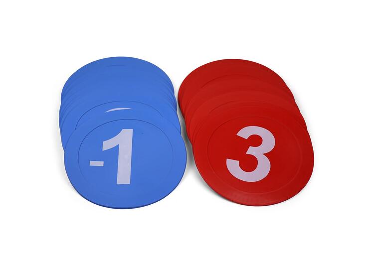Numbered Poly Spots 22 pcs in red / blue -10 - 10 with 2 extra 0 